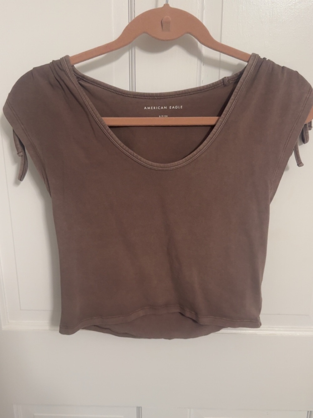 American Eagle Outfitters Brown Scoop-Neck Tie Sleeve Crop Top
